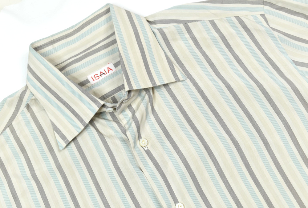 ISAIA Napoli Shirt Mens 16.5 Beige Blue Striped Cotton Long Sleeve Button-Up